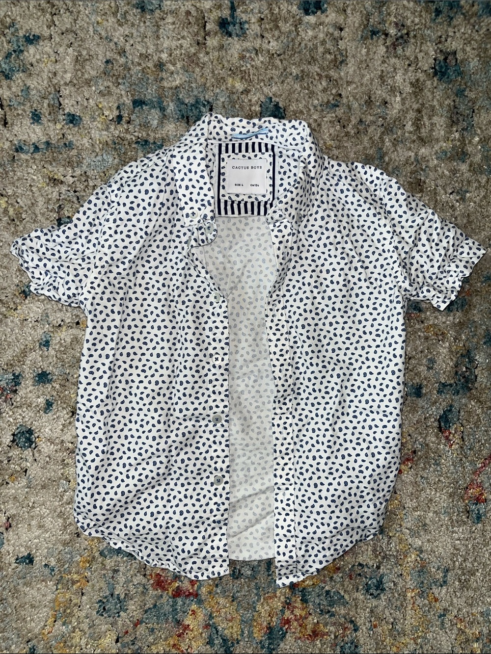 Cactus White Short-Sleeve Button-Down with Navy Dot Print
